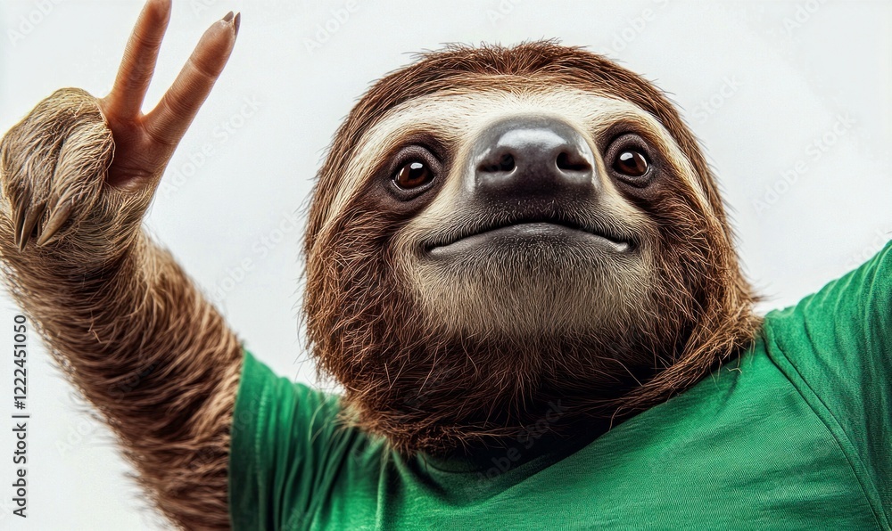 Fototapeta premium Cheerful Sloth Wearing Green Shirt Posing