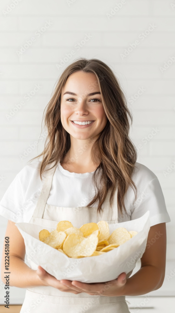 Smiling woman holding bowl of probiotic potato chips in bright kitchen setting Smiling woman holding bowl of probiotic potato chips in bright kitchen setting