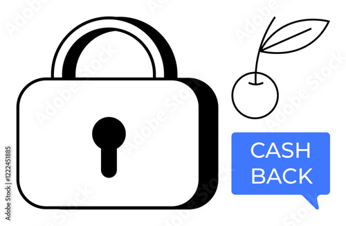 Padlock, cherry, and CASH BACK speech bubble. Ideal for finance, security, rewards, e-commerce, investment online shopping and customer loyalty themes. Simple abstract line flat metaphor