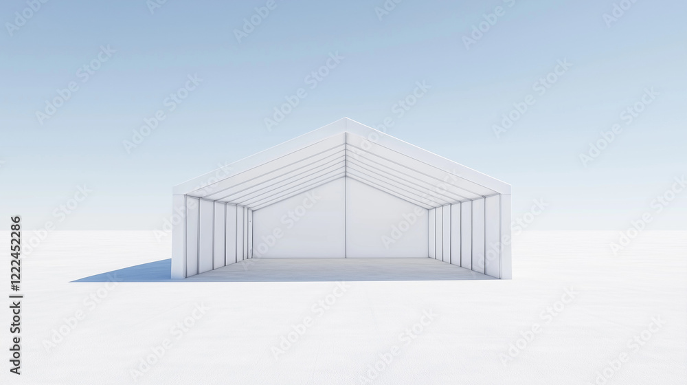 White Tent Structure: A minimalist, modern tent structure stands tall against a clear blue sky, showcasing its clean lines and spacious interior. White Tent Structure: A minimalist, modern tent structure stands tall against a clear blue sky, showcasing its clean lines and spacious interior.