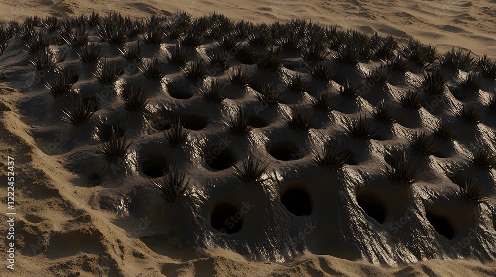 Obraz premium Desert Landscape with Holes and Sparse Vegetation