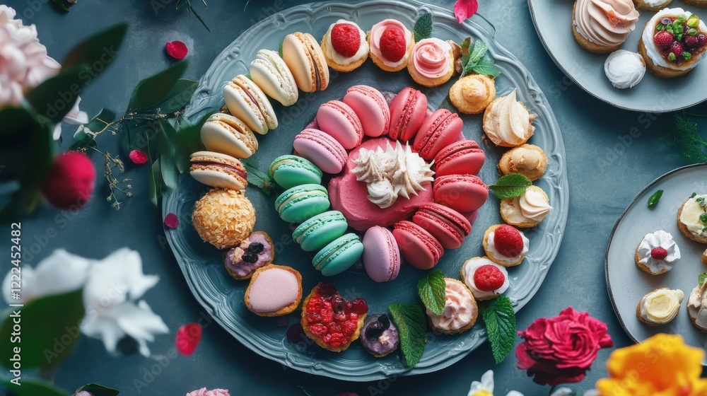 Fototapeta premium A dessert platter with macarons, eclairs, and tarts arranged elegantly.