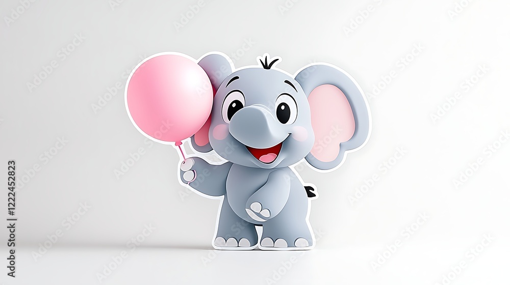 Fototapeta premium Adorable Cartoon Baby Elephant Holding Pink Balloon