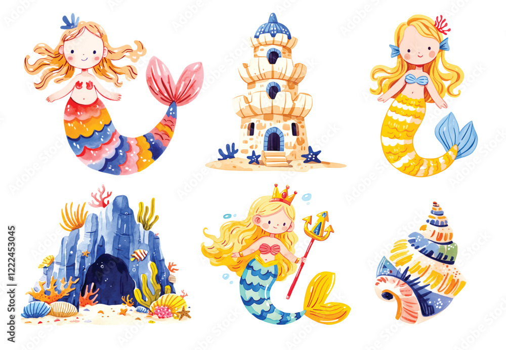 Naklejka premium Watercolor hand painting set Mermaid. Illustration isolated on white background. Sea, coral, fish, water, ocean. Use it for cards, invitations and scrapbooking.