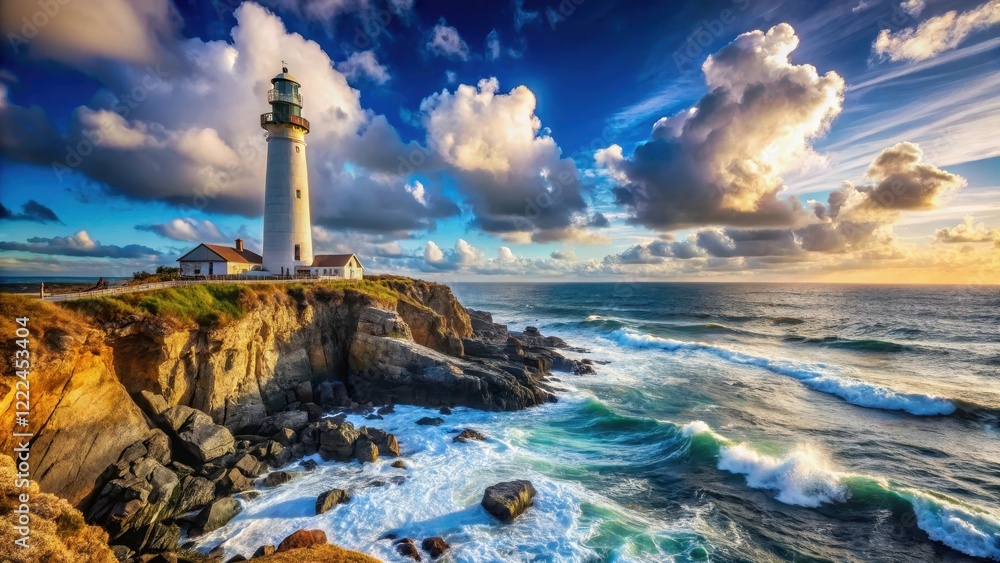 Serene coastal lighthouse scene, dramatic ocean waves crashing against rocky cliffs during a vibrant sunset, showcasing a picturesque beacon of hope and maritime safety Serene coastal lighthouse scene, dramatic ocean waves crashing against rocky cliffs during a vibrant sunset, showcasing a picturesque beacon of hope and maritime safety