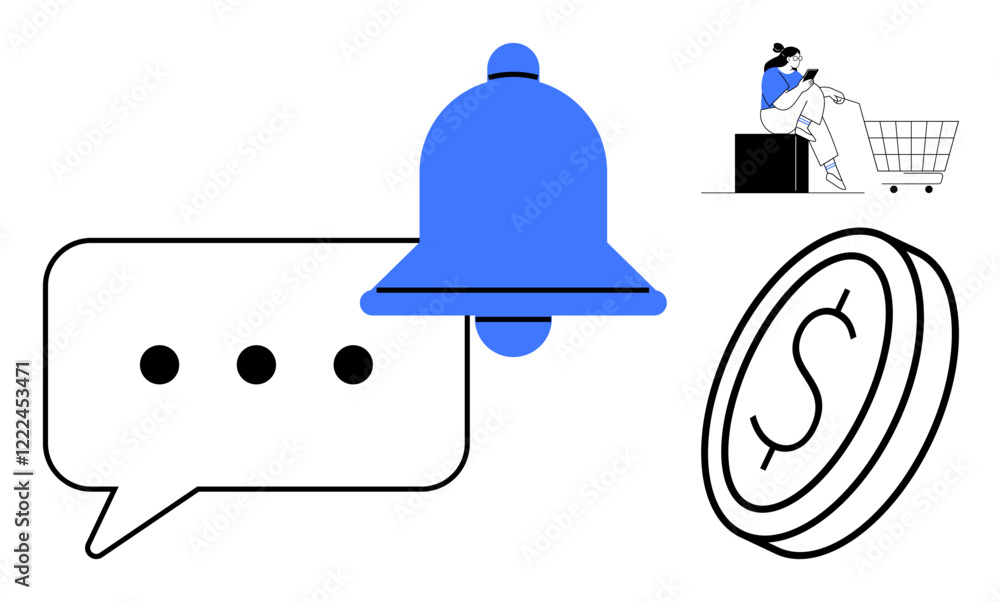 Notification bell, speech bubble, and dollar coin emphasize communication, alerts, online shopping, and financial transactions. Ideal for business strategy, online marketing, customer engagement