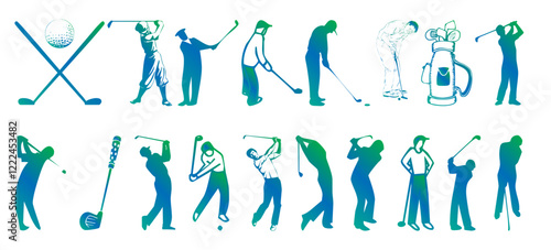 Golf Sports Icon Set – Vector Illustrations for Golf Equipment, Players, and Courses
