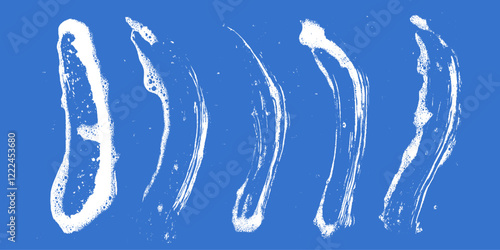 Soap texture foam with grunge stain set. Blue background wash and sponge water overlay. Shampoo spots bubble soapy clean cream drops.
