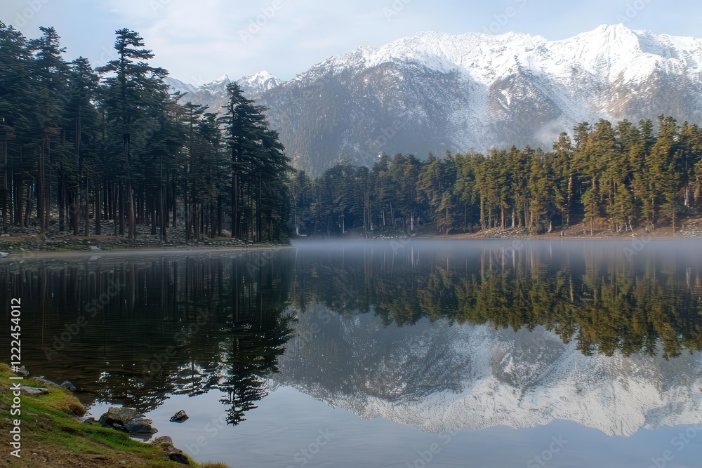 Fototapeta premium crystal clear alpine lake reflecting snow-capped peaks, surrounded by evergreen forest, morning mist rising from water