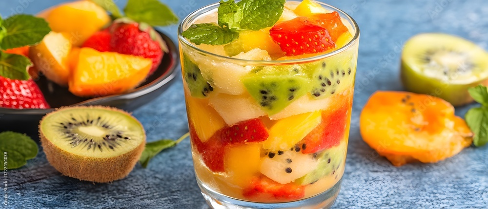 Refreshing Summer Fruit Salad in Glass Delicious Kiwi Strawberry Mango Dessert Refreshing Summer Fruit Salad in Glass Delicious Kiwi Strawberry Mango Dessert