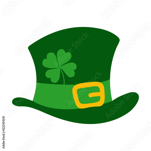 Día de San Patricio. Logo con silueta de sombrero de leprechaun con trébol de cuatro hojas para felicitaciones y tarjetas