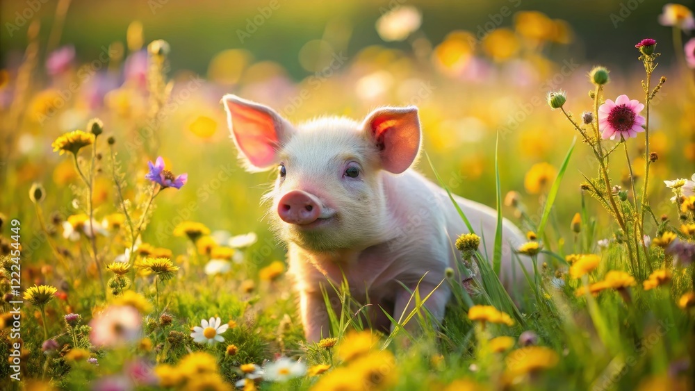 A tiny piglet nestled amidst a vibrant meadow of wildflowers, bathed in the warm glow of the setting sun, creates a charming pastoral scene. A tiny piglet nestled amidst a vibrant meadow of wildflowers, bathed in the warm glow of the setting sun, creates a charming pastoral scene.