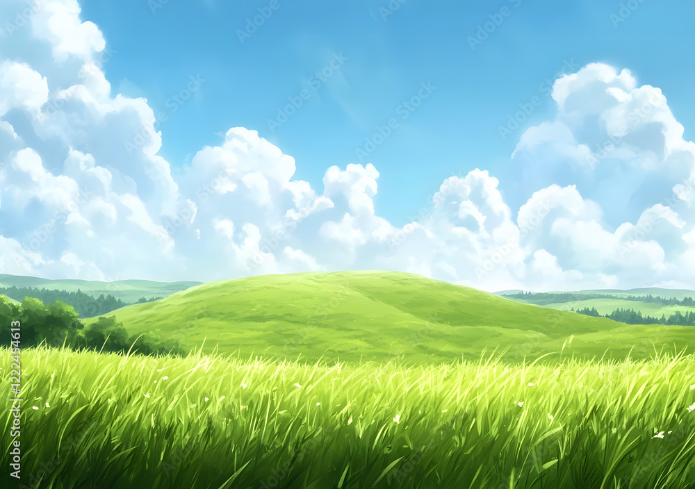 Obraz premium Sunny Green Meadow with Rolling Hills and Fluffy Clouds