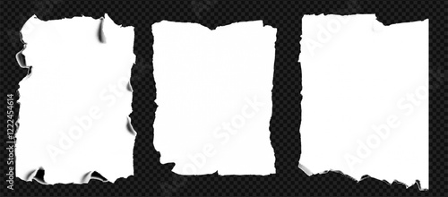 Vintage torn paper set with ripped edges and crumpled texture. White sheet with black crack, scrap, and rough effects at the transparent background.