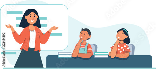 Classroom Illustration with Teacher and Students A teacher writing on a blackboard while students attentively listen.