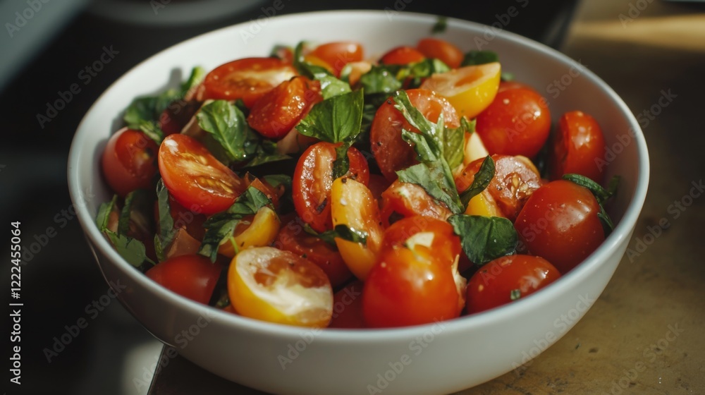 Fresh cherry tomato and basil salad in a white bowl. Fresh cherry tomato and basil salad in a white bowl.
