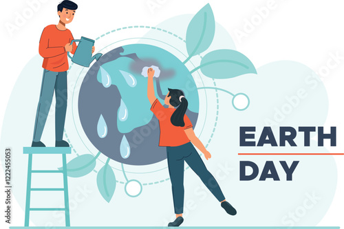 Earth Day Illustration Promoting Environmental Care People planting trees and holding signs promoting sustainability.