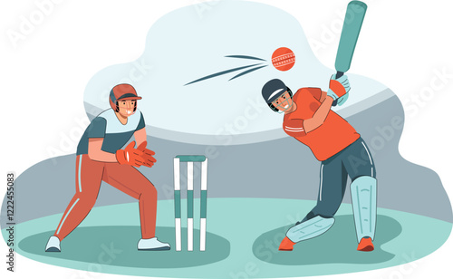 Cricket Illustration of a Batsman and Wicketkeeper in Action A batsman hitting a shot with the wicketkeeper diving for a catch in a lively stadium.