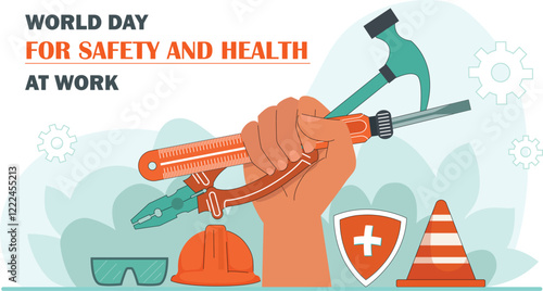Essential Safety Tools Illustration for World Day Various safety tools like helmets, gloves, and fire extinguishers displayed creatively.