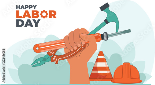 Labor Day Tool Celebration Illustration A collection of tools like hammers, saws, and helmets symbolizing hard work and labor pride.