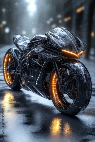 A modern sport motorcycle with sleek aerodynamic design and glowing LED lights photo