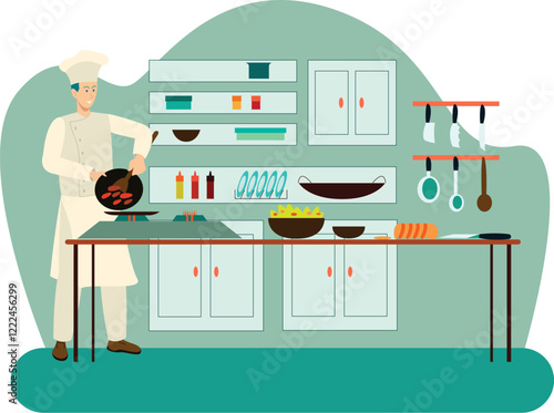 Professional Chef Cooking Illustration in an Organized Kitchen A chef plating a gourmet dish in a well-organized and stylish kitchen.