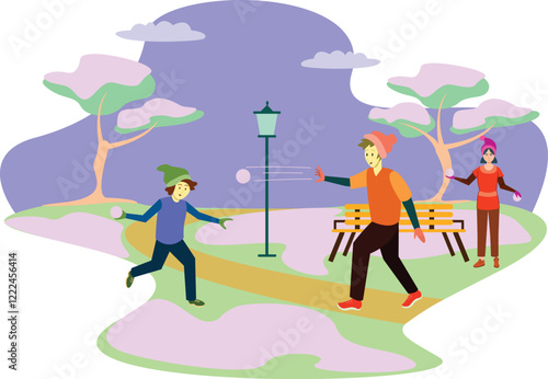 Snowball Fight Illustration with Friends in a Winter Park A lively winter scene with friends throwing snowballs, snow-covered trees, and laughter all around.