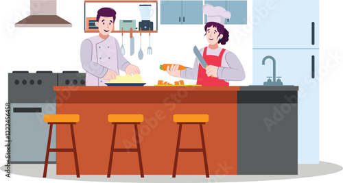 Team Cooking Preparation Illustration in a Modern Kitchen A diverse group preparing a meal together in a sleek, modern kitchen with fresh ingredients.