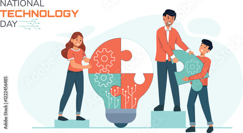 Team Innovation Illustration for National Technology Day A group brainstorming innovative tech solutions with gadgets, robots, and futuristic visuals.