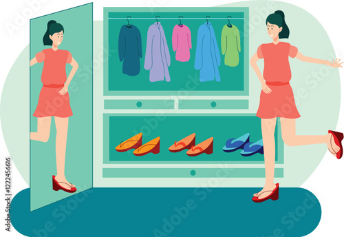 Wardrobe Illustration with Woman Trying Shoes A woman standing in front of an open wardrobe, trying on shoes with various outfits around her.