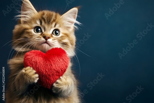 Kurilian bobtail - my cherished cat. Ad campaign visual design idea. Cute kurilian bobtail baby feline with fluffy red heart - sign of love, funny greeting card. Valentine's pet art image. photo