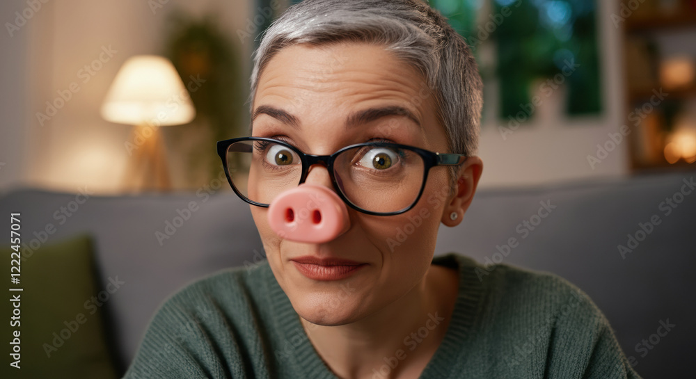 Woman wearing pig nose glasses, showcasing a playful and humorous expression Woman wearing pig nose glasses, showcasing a playful and humorous expression