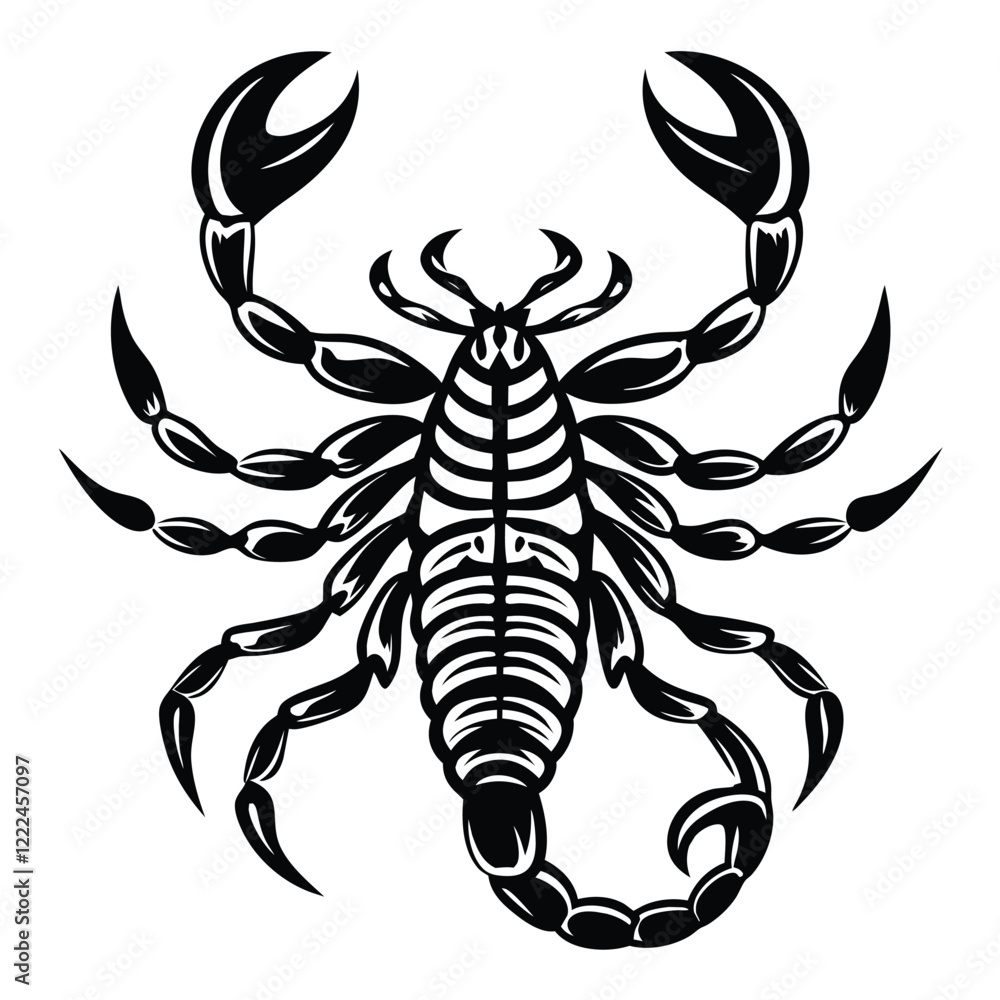 Scorpion tattoo design, black and white vector illustration of dangerous scorpion symbol with claws and tail Scorpion tattoo design, black and white vector illustration of dangerous scorpion symbol with claws and tail