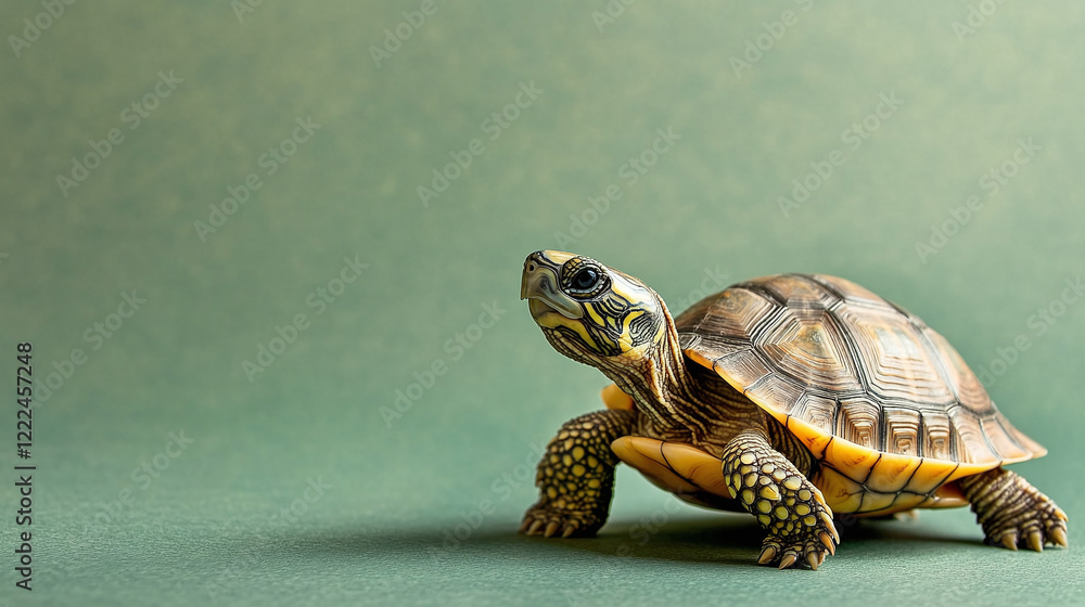 Fototapeta premium Close-up of a Tiny Turtle on Green Background