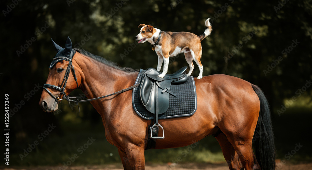 Dog standing on a horse, showcasing a unique bond between animals Dog standing on a horse, showcasing a unique bond between animals