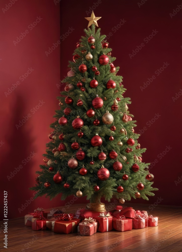 Ornament-laden Christmas tree against a deep crimson red backdrop, ornament, winter wonderland, decorative element Ornament-laden Christmas tree against a deep crimson red backdrop, ornament, winter wonderland, decorative element