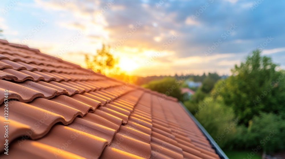 Naklejka premium Captivating sunset over terracotta rooftiles residential area outdoor close-up beauty of nature