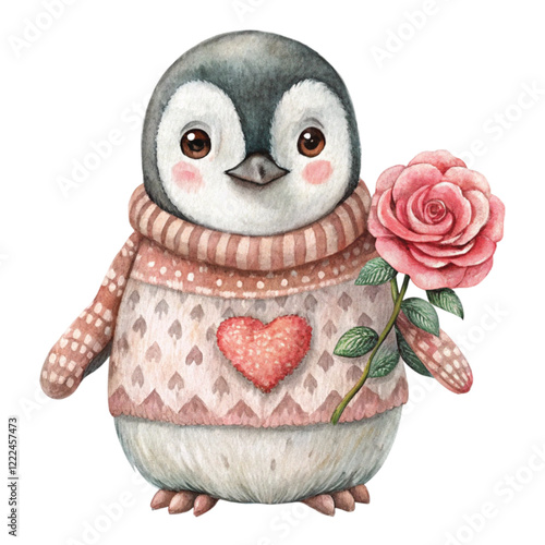 Cute penguin  Rose  Sweater Watercolor 

