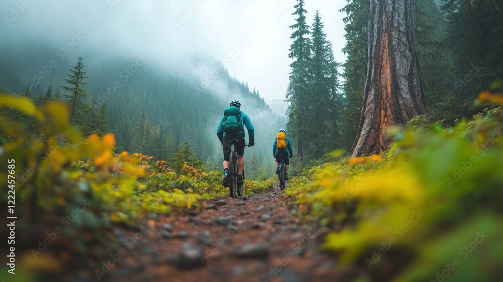 Fototapeta premium Adventure cycling through misty forest trails national park outdoor activity serene environment low angle nature exploration
