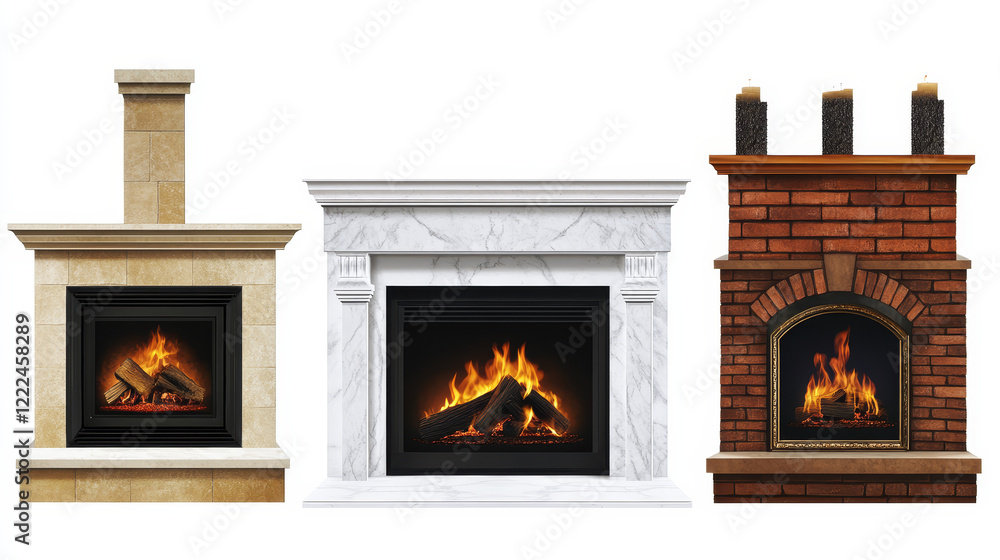 Fireplaces with burning fire isolated on white background. Vector cartoon set of different home hearth from marble, brick and iron with wood, flame, chimney and mantel Fireplaces with burning fire isolated on white background. Vector cartoon set of different home hearth from marble, brick and iron with wood, flame, chimney and mantel
