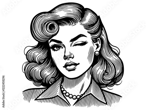 cheerful woman winking with styled hair and a playful expression sketch engraving generative ai fictional character PNG illustration. Scratch board imitation. Black and white image.