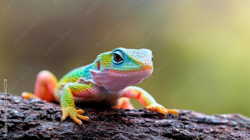 Vibrant lizard perched on wood, rainforest background, nature photography, ideal for wildlife publications Vibrant lizard perched on wood, rainforest background, nature photography, ideal for wildlife publications