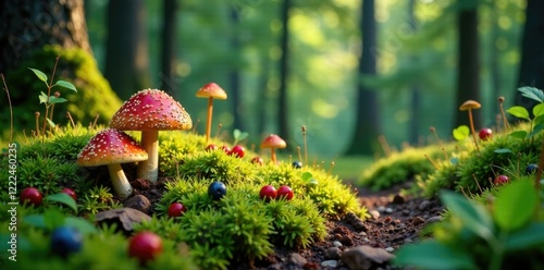 Mossy forest floor with wild berries and mushrooms, pines, foraging