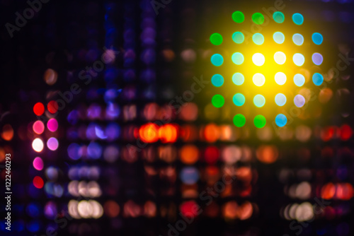 Close up blurred and softy bokeh of multicolor from LED lighting on stage. Background for dramatic or mysterious or Sci-fi concept. photo