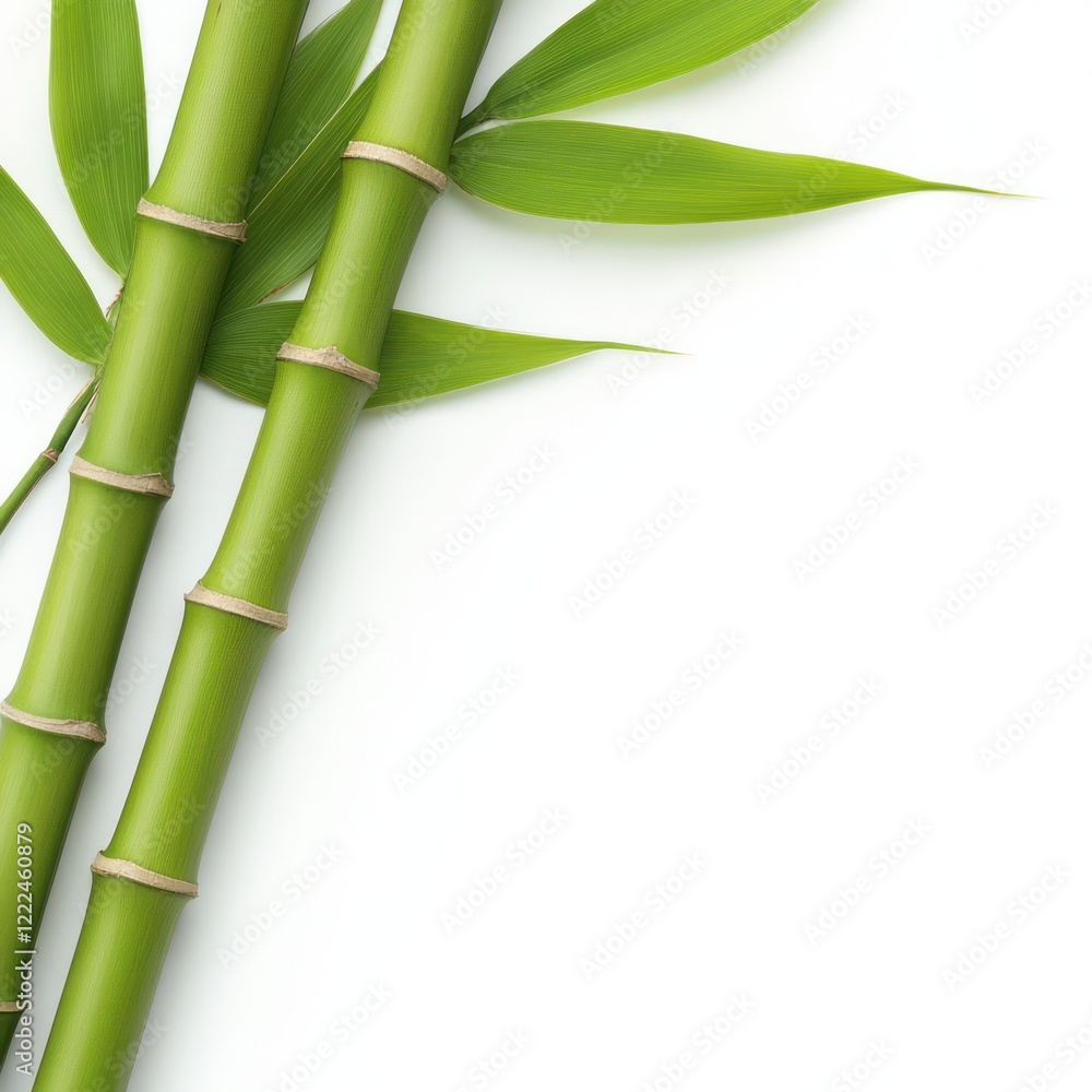 Fototapeta premium Fresh green bamboo stalks with vibrant leaves on white background