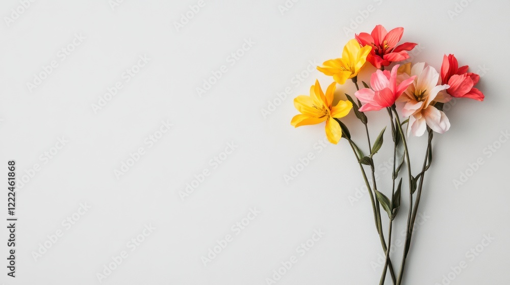Colorful Artificial Flowers Arrangement on Light Background Colorful Artificial Flowers Arrangement on Light Background