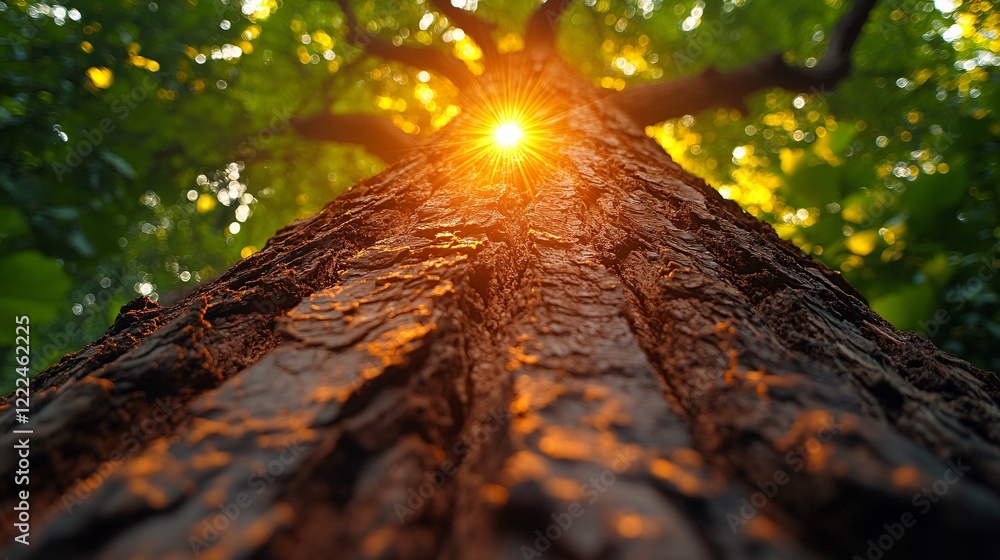 Fototapeta premium Stunning Sunlight Through Tree Canopy in Warm Forest Setting