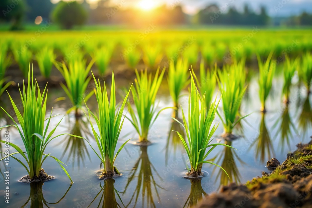 Fototapeta premium Lush Green Rice Seedlings in Paddy Field - Closeup After Planting