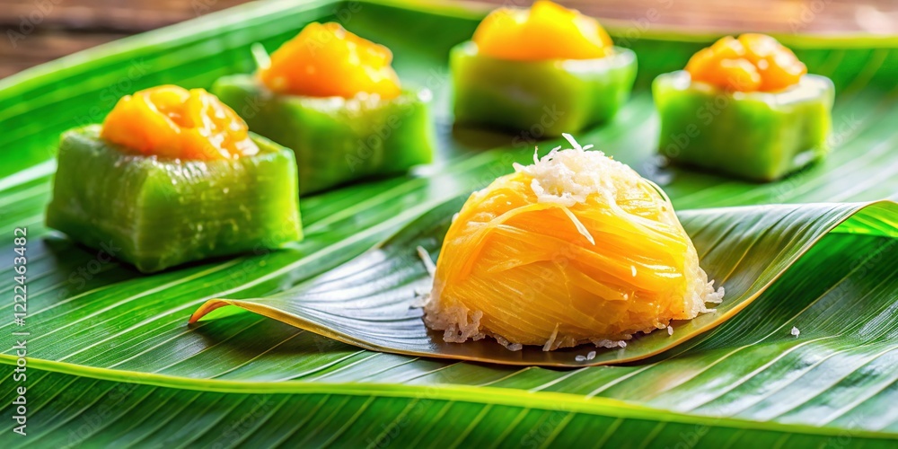 Macro Photography of Lod Chong Thai Dessert on Banana Leaf with Traditional Thai Table Setting Macro Photography of Lod Chong Thai Dessert on Banana Leaf with Traditional Thai Table Setting