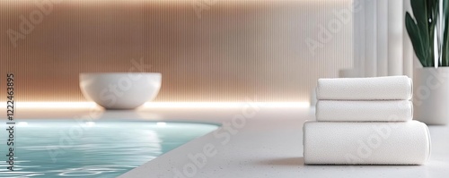 Spa inspired design minimalist concept. A serene spa setting featuring white towels beside a tranquil pool. photo